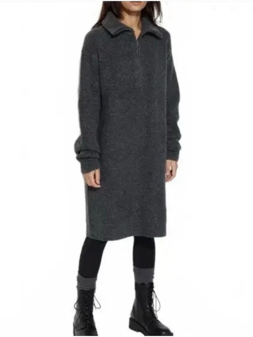 Uniqlo Souffle Yarn Half Zip Dress Womens Small Dark Gray Ribbed Knit Sweater
